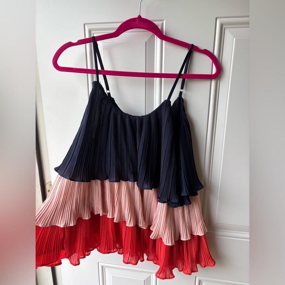 Entro Navy and Pink Pleated Tiered Blouse